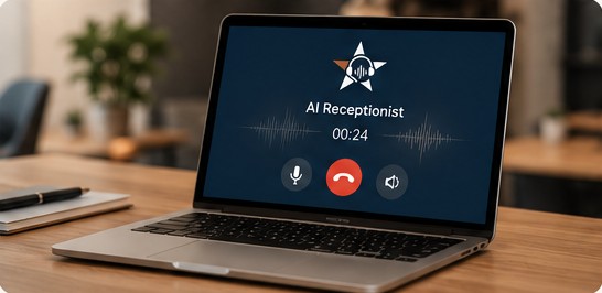 Laptop showing an AI receptionist call in progress